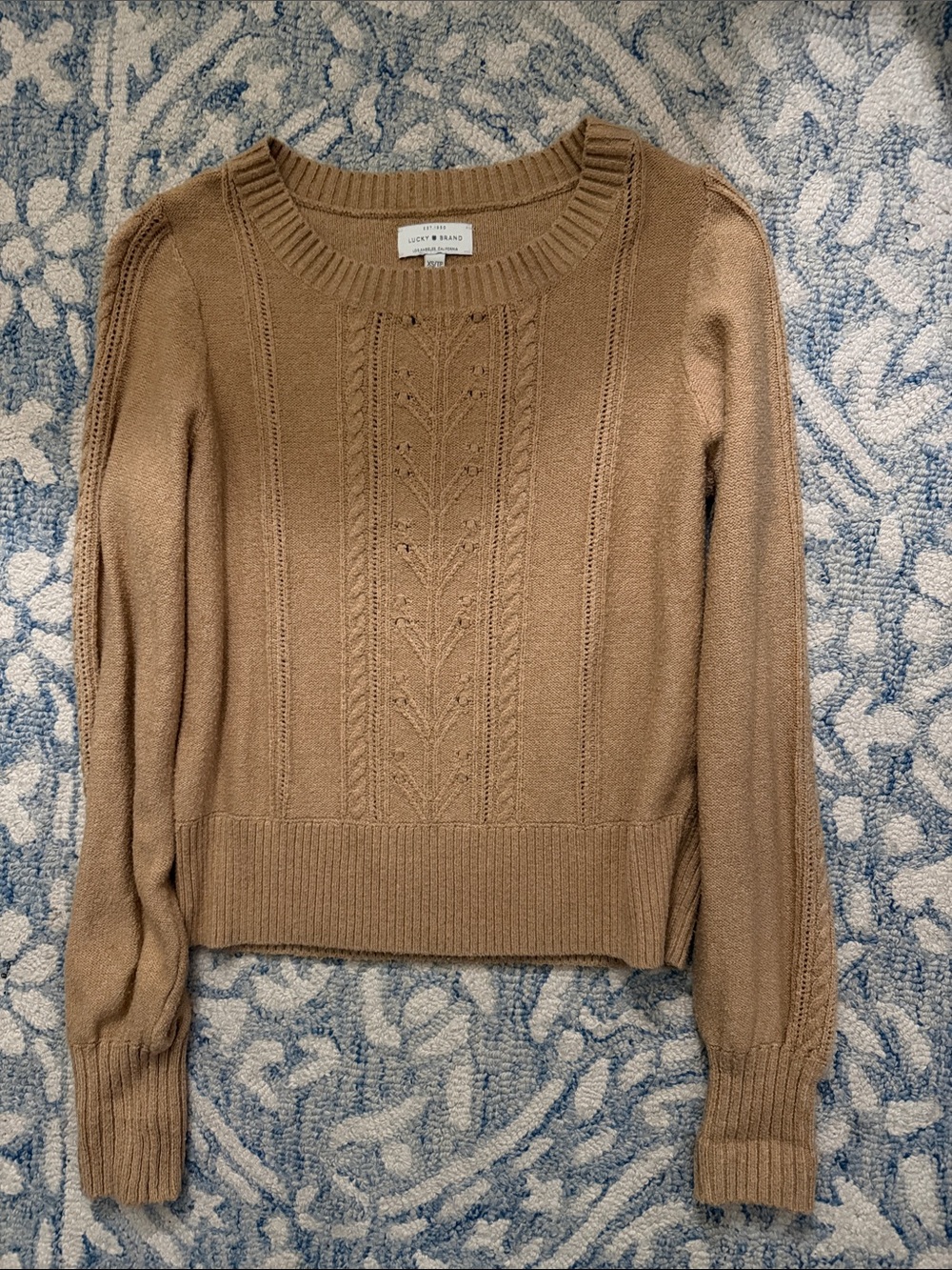 Lucky Brand Camel Cable Knit Crewneck Sweater